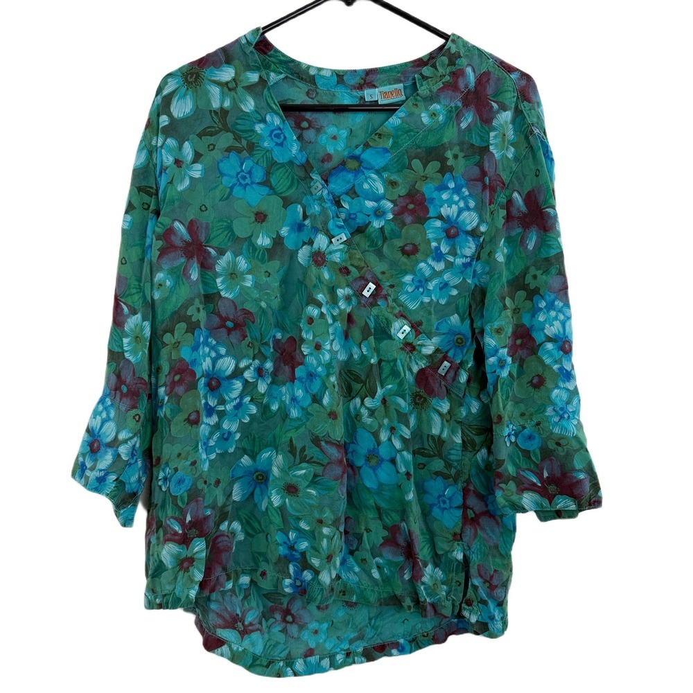 Tianello Floral Top Womens Small Green Wrap Buttons V Neck Artsy Boho